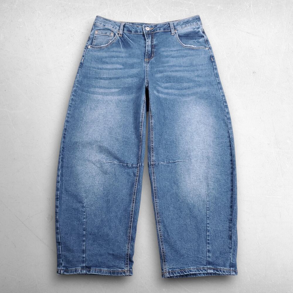 Sidefeel Barrel Jeans Women 12 Medium Blue Stretch Y2K Streetwear Boho Chic